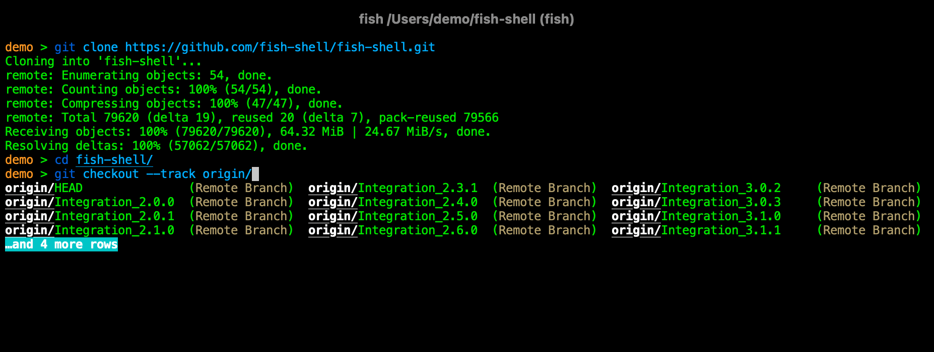 A git clone followed by the completions for 'git checkout --track origin/', showing the origin's remote branches